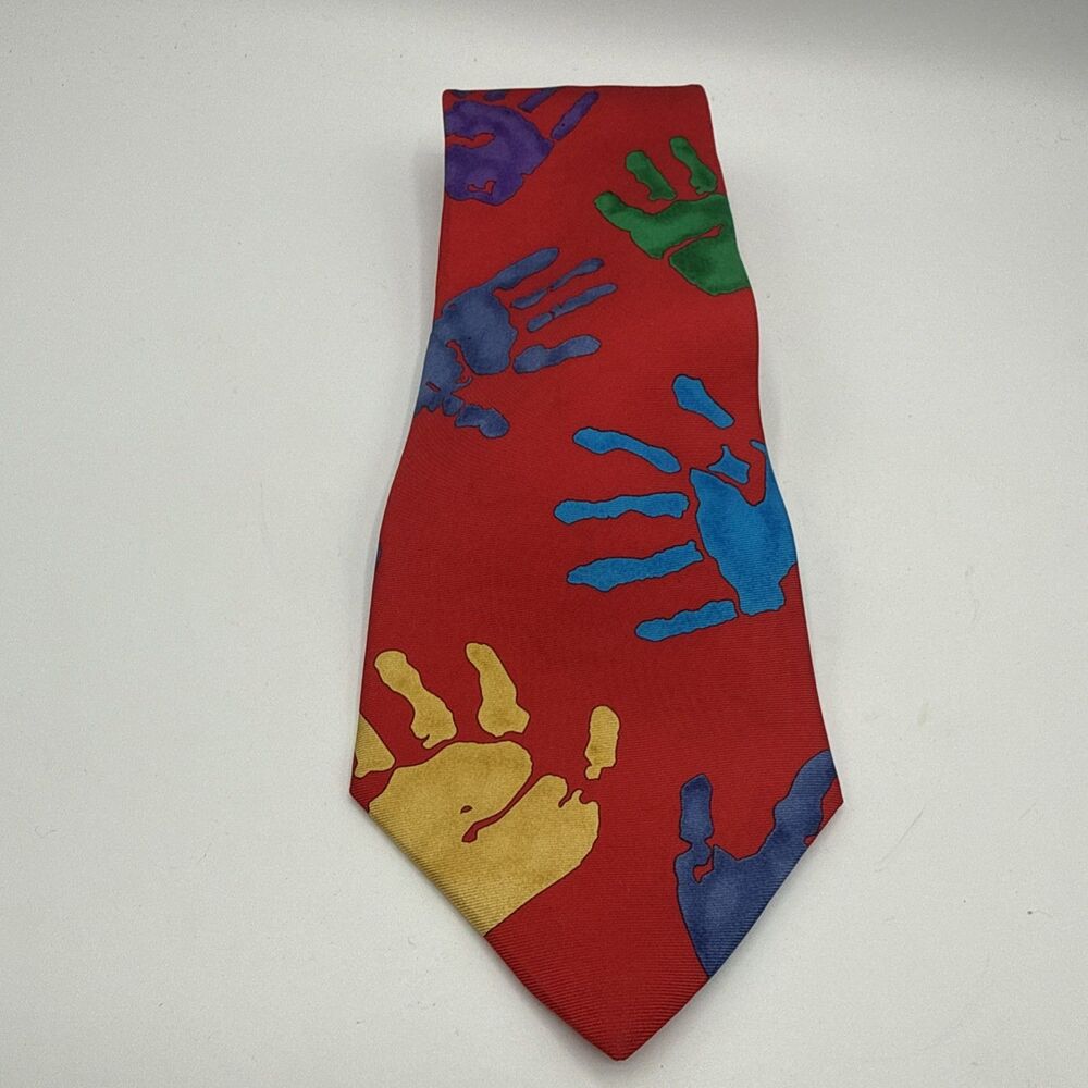 Vintage Save The Children Necktie Tie Silk Satin Lend A Hand Multicolor USA